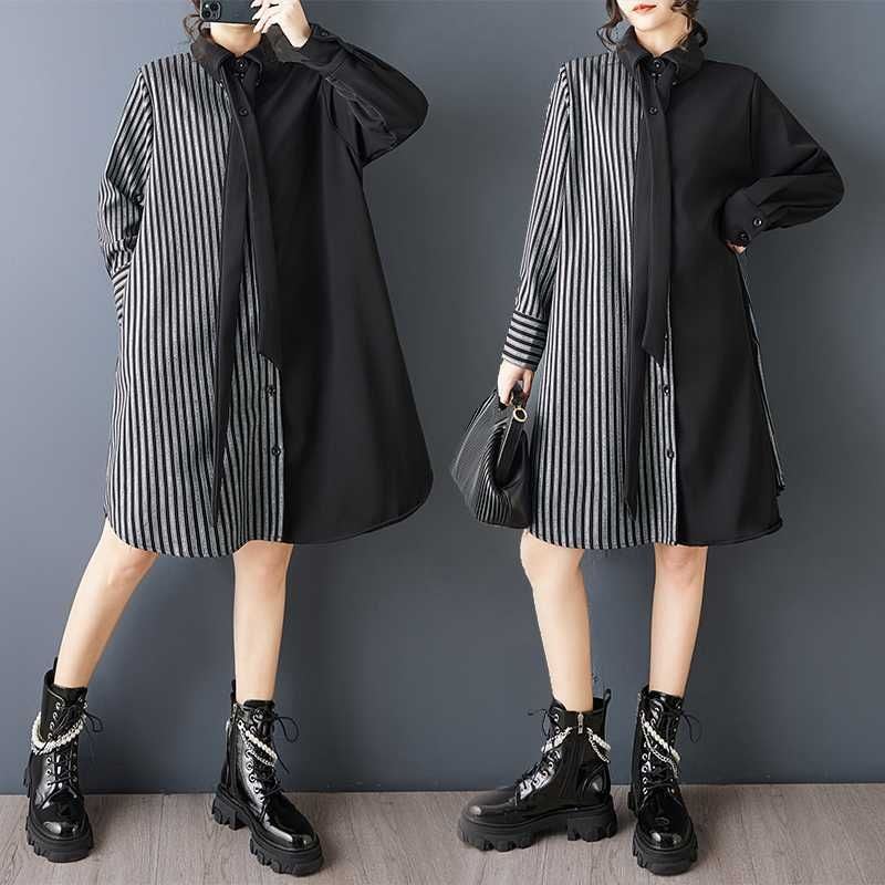 BLACK STRIPE ASYMMETRIC DESIGN A-LINE MINI SHIRT DRESS 1color M-16054