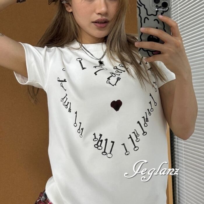2色 キー 鍵 ハート デザイン Tシャツ ユニセックス 半袖/長袖 (MC748)β