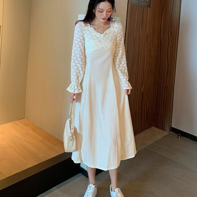 ワンピースドレス レディース ロングワンピ レース Vネック 長袖 シンプル おしゃれ かわいい アプリコット/ブラック S/M/L/XL