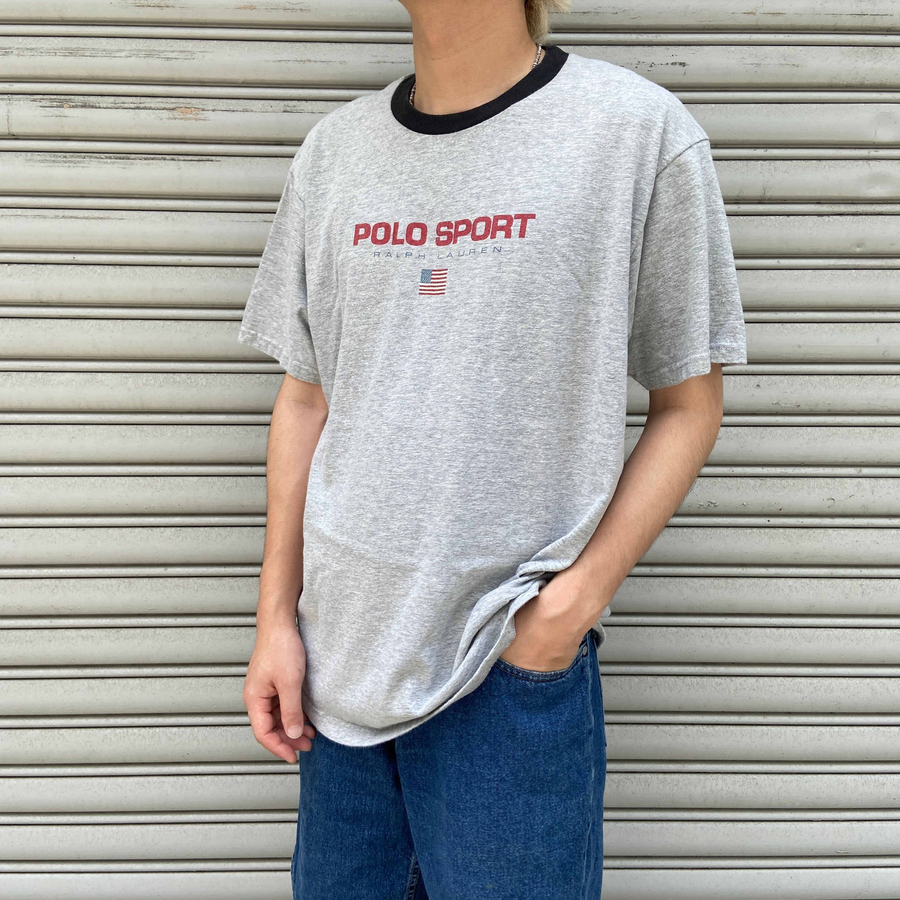 90s POLO SPORT ラルフローレン 星条旗ロゴTシャツ リンガーネック