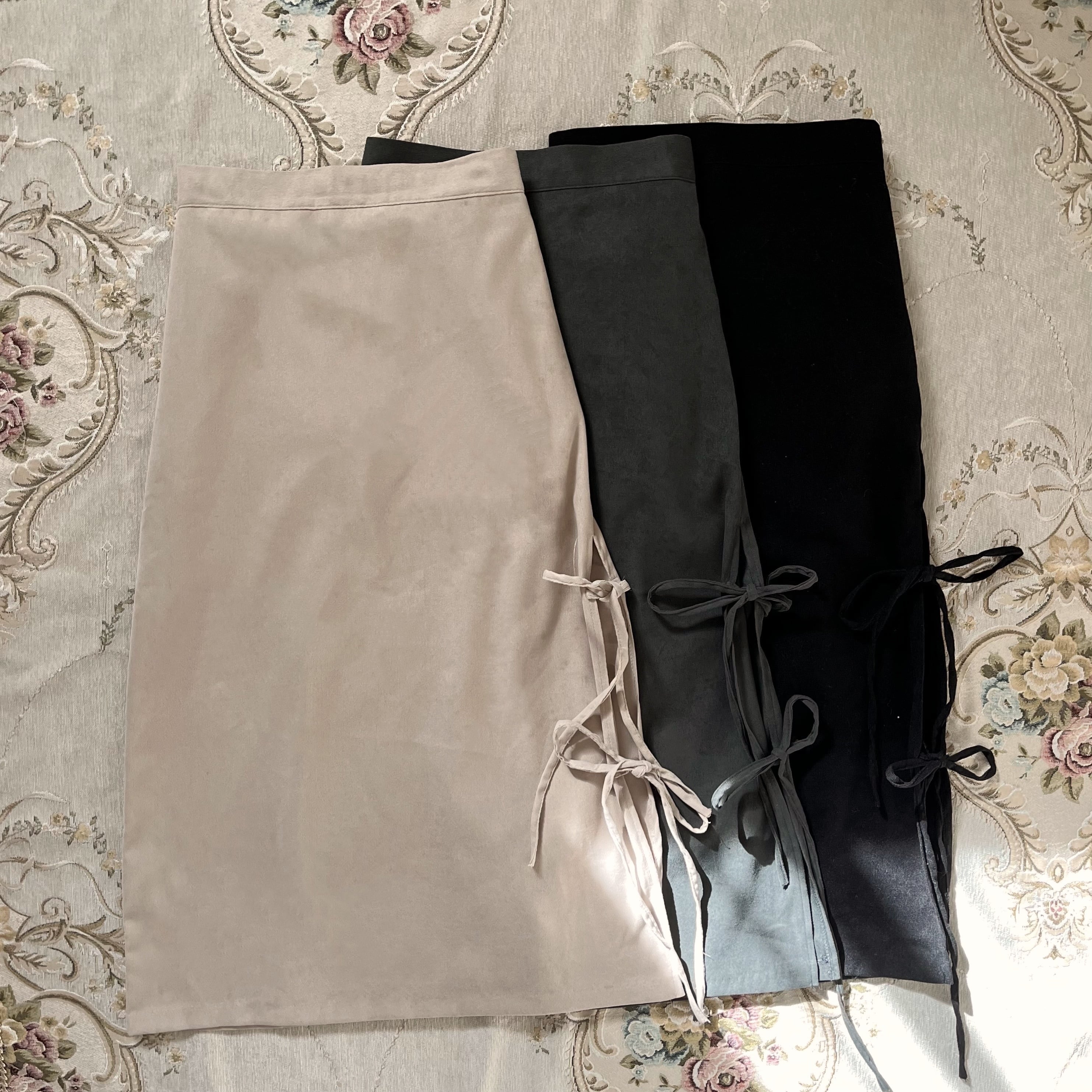 【LAST2】side slit ribbon skirt-BEIGE