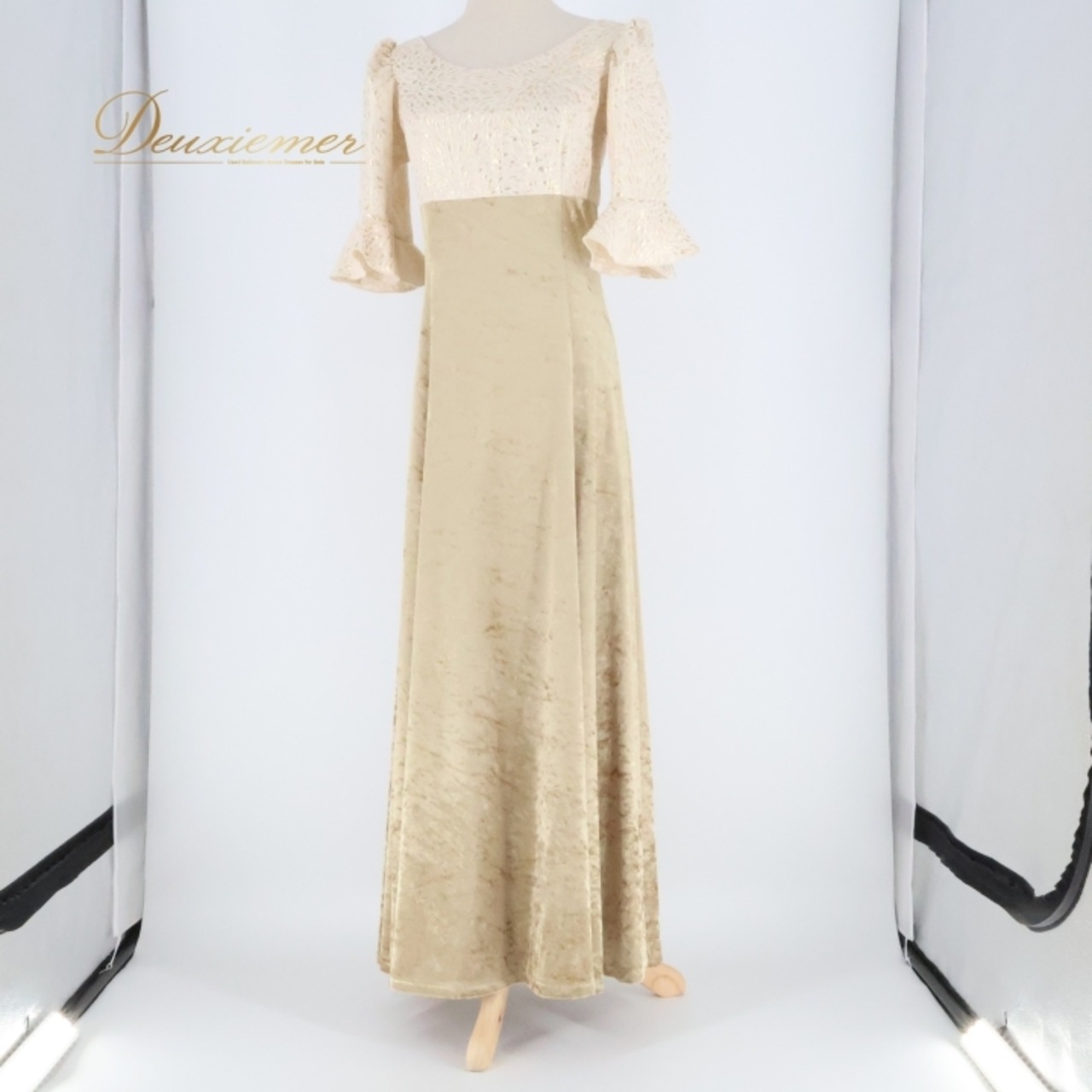 フラダンス 衣装 ワンピース ドレス マーメイドライン エムエムジェイ ゴールド系 MermaidLine MMJ 日本製 ベロア 長袖 異素材 上品 高級感 光沢 豪華 きれい かわいい ハワイアン アロハ ハワイアンプリント フラ ダンス レッスン 練習