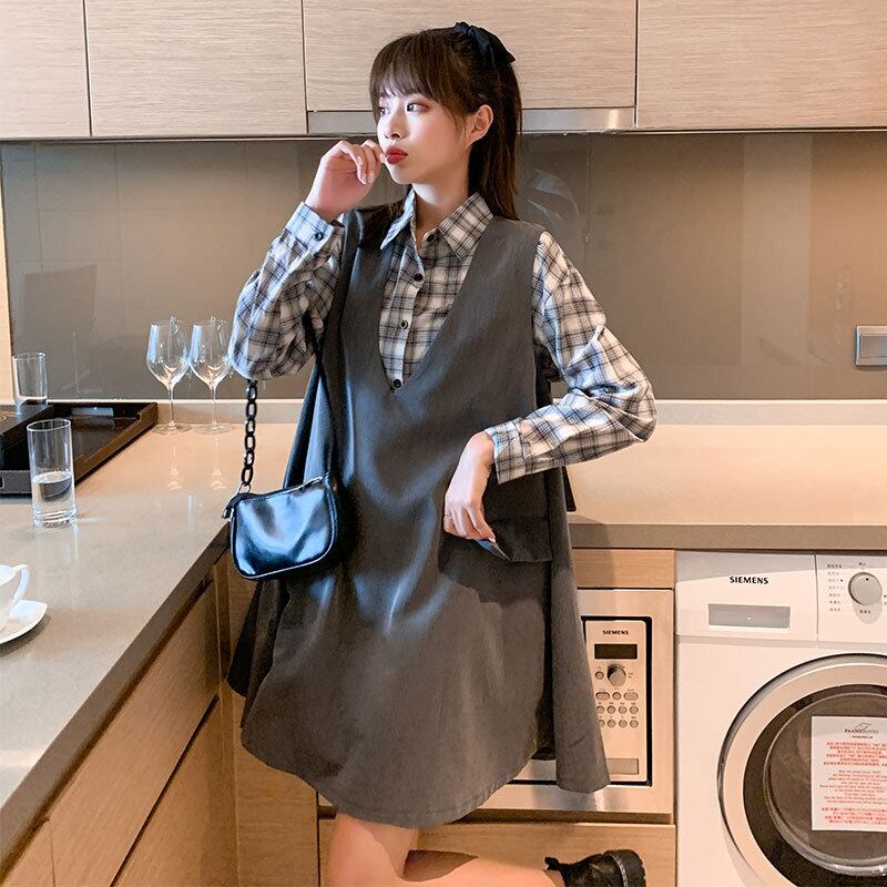 【新作】【送料無料】 マタニティウェア2020秋冬の新しいチェック柄ラペルシャツ+ルーズミドル丈ベストスカート妊娠中のツーピースセット-アリババ オータム 秋物 ウィンター 冬物 expec266538068853