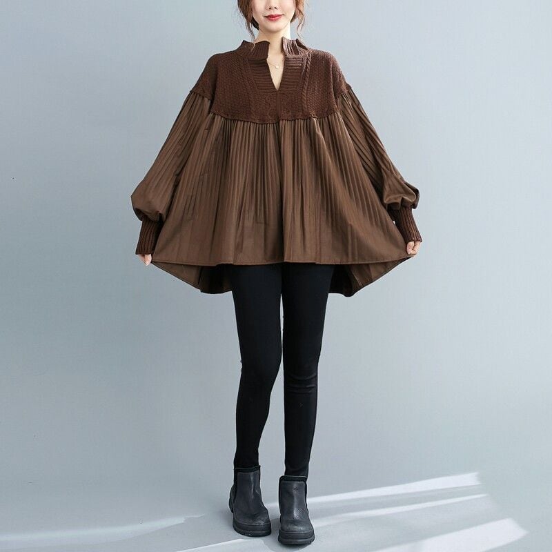 ASYMMETRIC V-NECK PLEATED RELAXED FIT BLOUSE M-18320