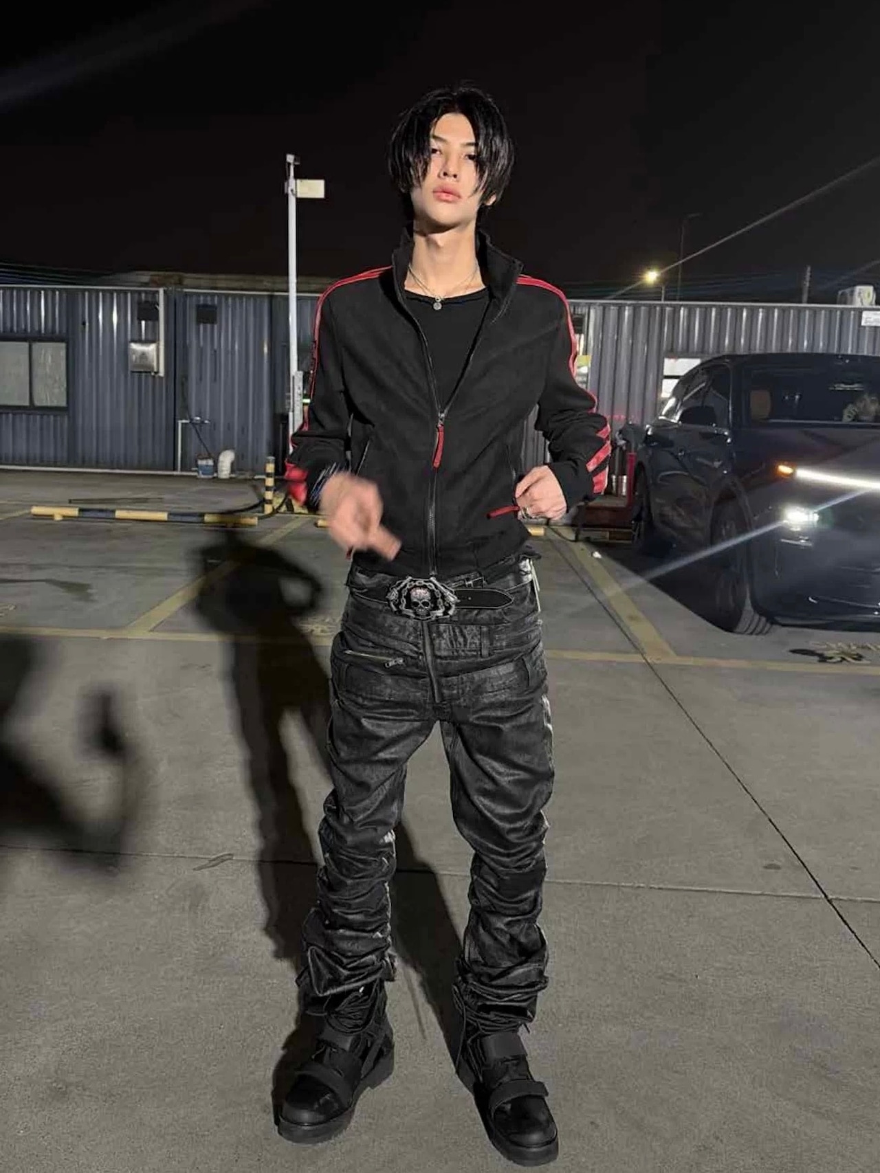 【CinderVein】Triple Waist Paneled Coated Denim Pants