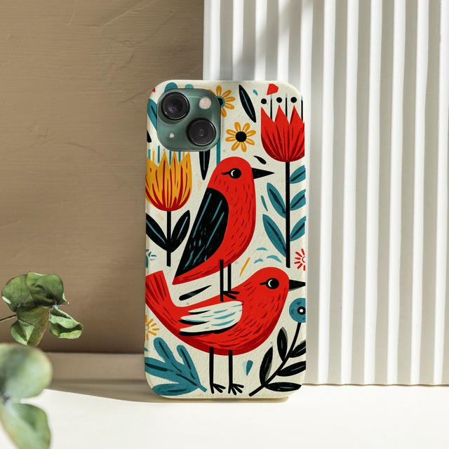 受注生産 iPhoneケース 赤いチューリップと鳥の民芸柄｜鳥モチーフ FMSY035C