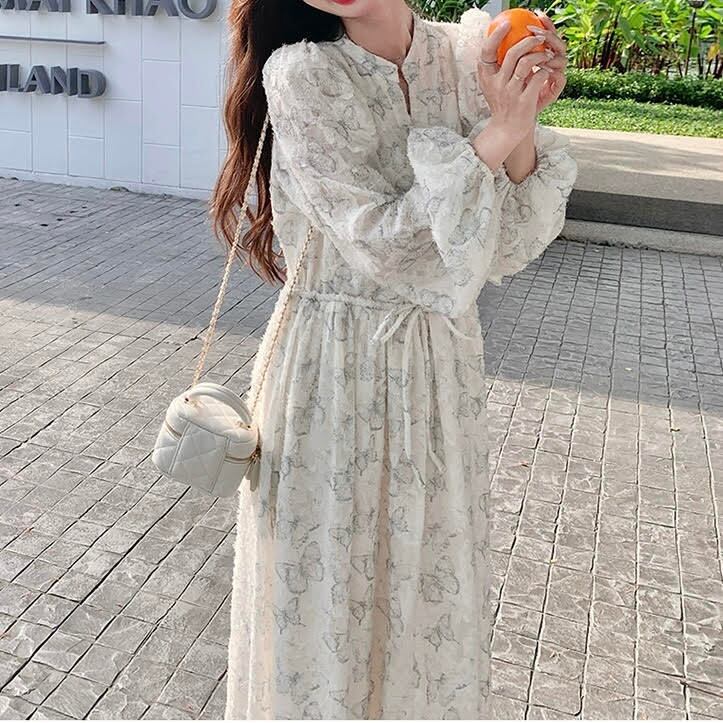 レディース ワンピース 長袖 ランタンスリーブ ロング丈 バタフライ 蝶