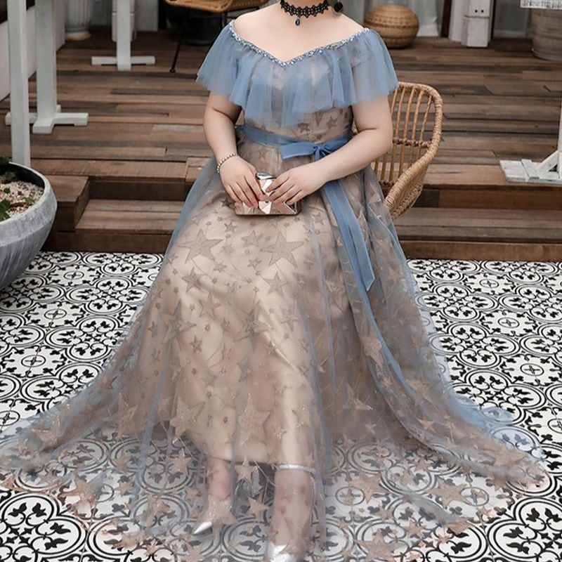 3XL〜7XL】星柄フリルスリーブチュールドレス D1607 | 演奏会