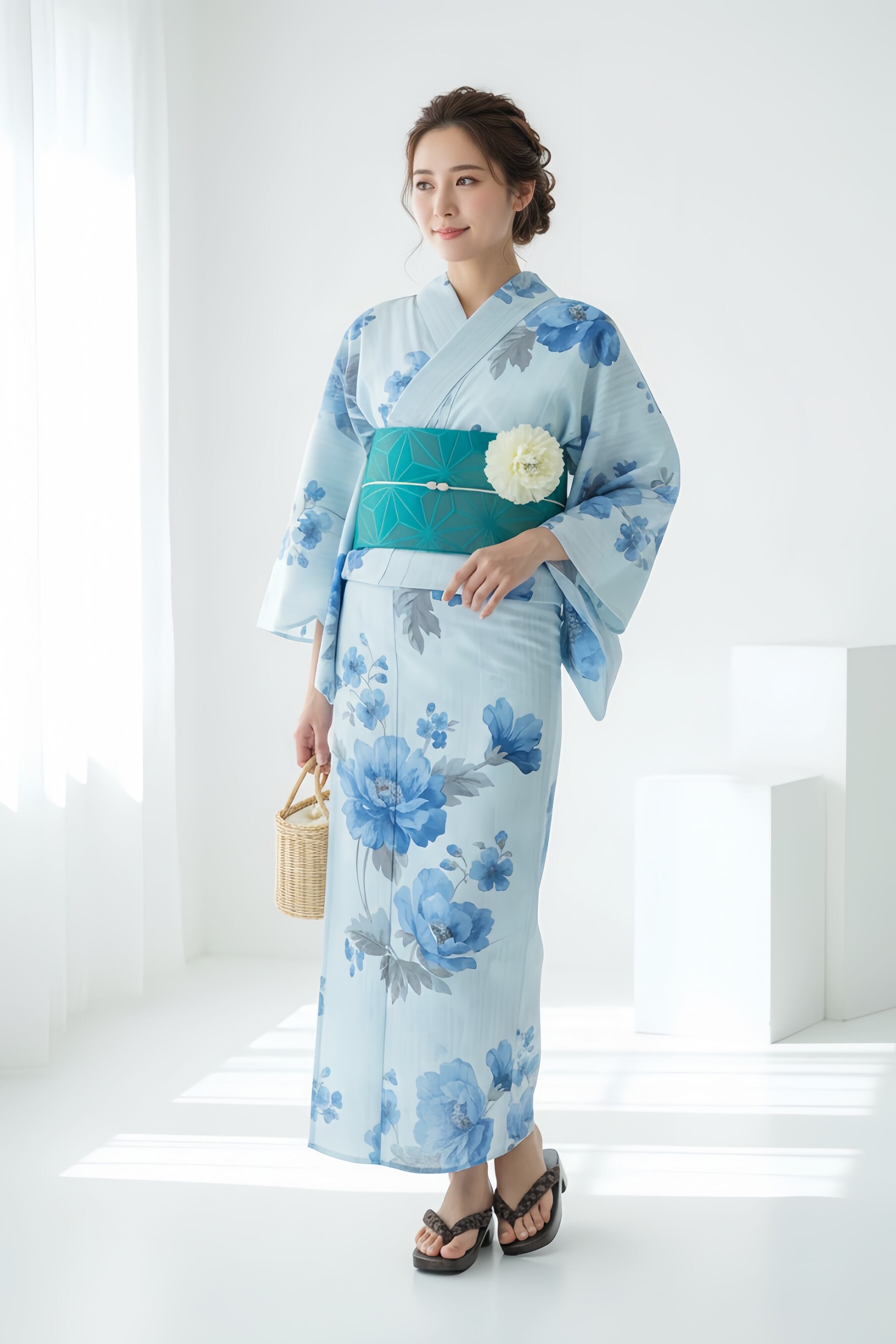 浴衣ジェンヌ 浴衣5点セット ライトブルー 水色 花柄ポリエステル ゆかた 半幅帯 浴衣