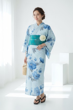 浴衣ジェンヌ 浴衣5点セット ライトブルー 水色 花柄ポリエステル ゆかた 半幅帯 浴衣