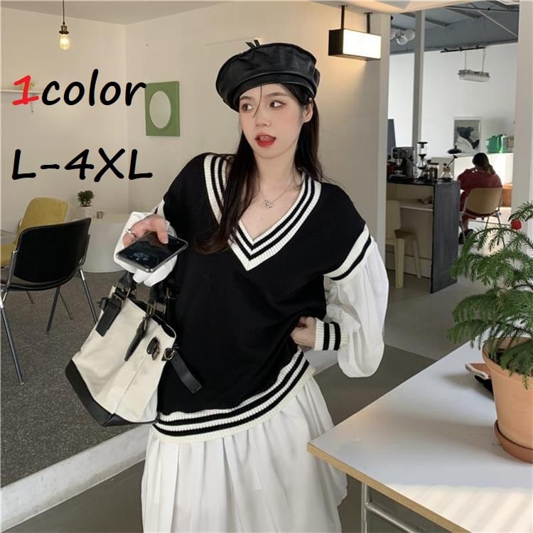レイヤード風ワンピース レディース ワンピース ミドル丈 Vネック シャツ 長袖 ライン レイヤード風 かわいい フェイクツーピース ガーリー 学生 通学 10代 20代 白 大人 コーデ コーディネート 韓国 ファッション オルチャン お取り寄せ 送料無料 hll-0662