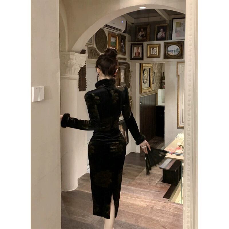 スリムフィットベルベットファーステッチチャイナドレス女性の