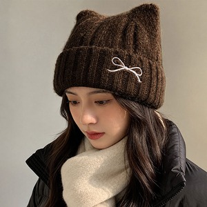 ニット帽 レディース 秋冬 猫耳 リボン付き ビーニー シャギーニット リブ 折り返し ニット キャップ 韓国 Y2K バレエコア 防寒 保温 ガーリー 大人可愛い 推し活 ライブ イベント 通学 お出かけ [LW-CGH003]