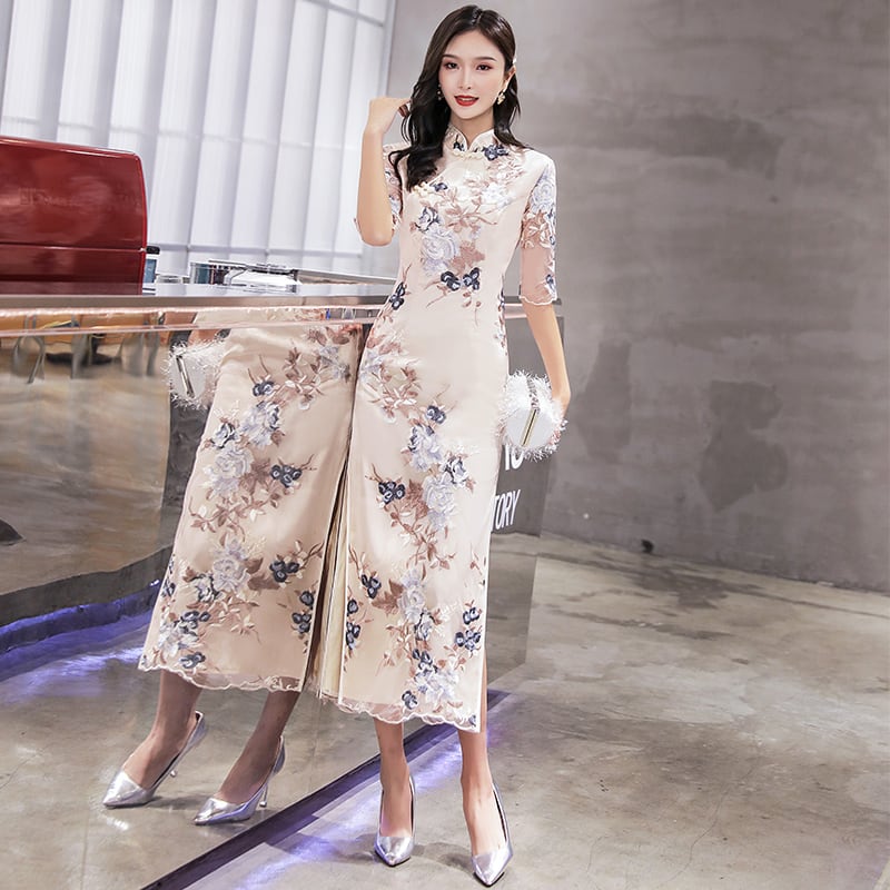 俏美爾シリーズ チャイナドレス ロング丈 チャイナ風ワンピース 花柄 刺繍 パーティードレス 成人式 Elegant
