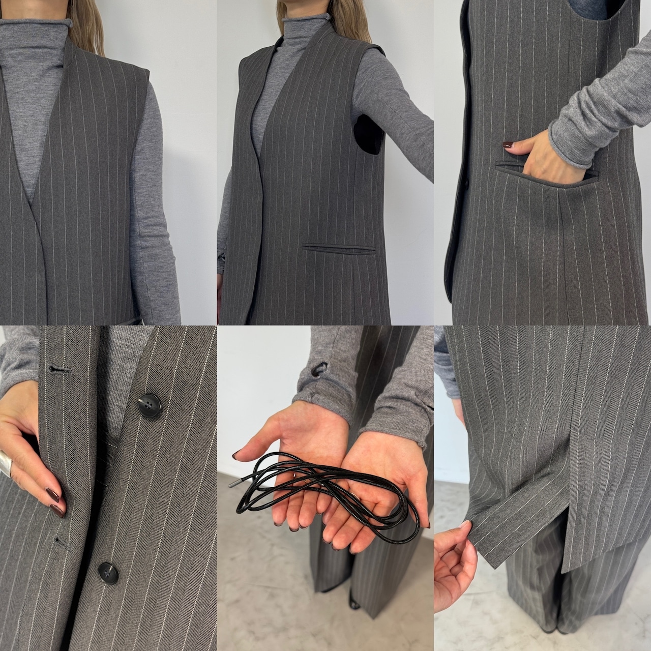 【受注予約:10月上旬入荷予定】コードベルト付ノーカラーgilet/ストライプ×グレー