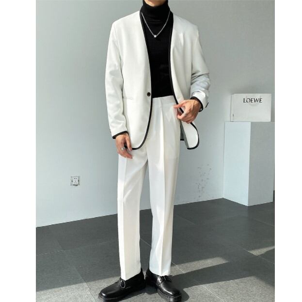 予約販売】メンズ セットアップ スーツ 無地 ノーカラー パイピング