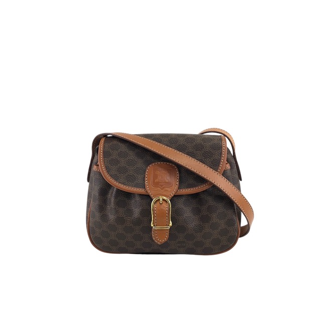 CELINE セリーヌ マカダム ショルダーバッグ ブラウン ブラゾン型押し フロントバックル PVC レザー ミニバッグ vintage ヴィンテージ オールド msur28