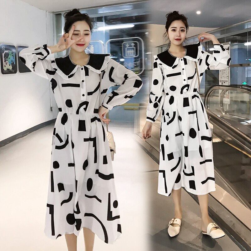 【新作】【送料無料】 春の妊娠中の女性のドレス長袖ピーターパンカラーウエストマタニティミッドカーフシフォンドレスブラックホワイト ロング スプリング 春物 AL expec359521879163