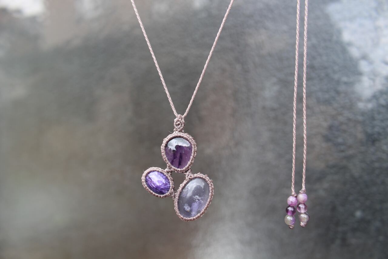 Fluorite & Charoite & Amethyst micro macrame pendant