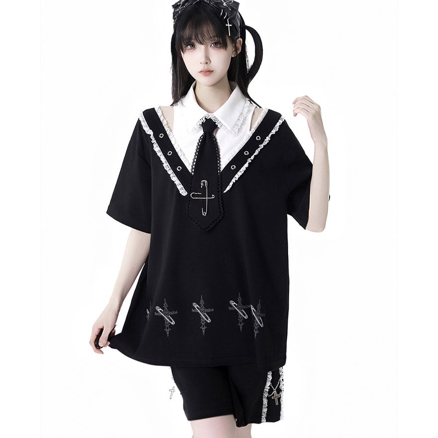 サブカル 服 地雷系 通販 Tシャツ フェイクレイヤード 闇かわいい ネクタイ付き pinksavior