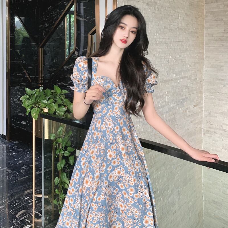 オータムスタンダードフローラルドレス ウェスト薄手Aラインスカート レトロ 秋物 花柄 YY-ファッション61769148782