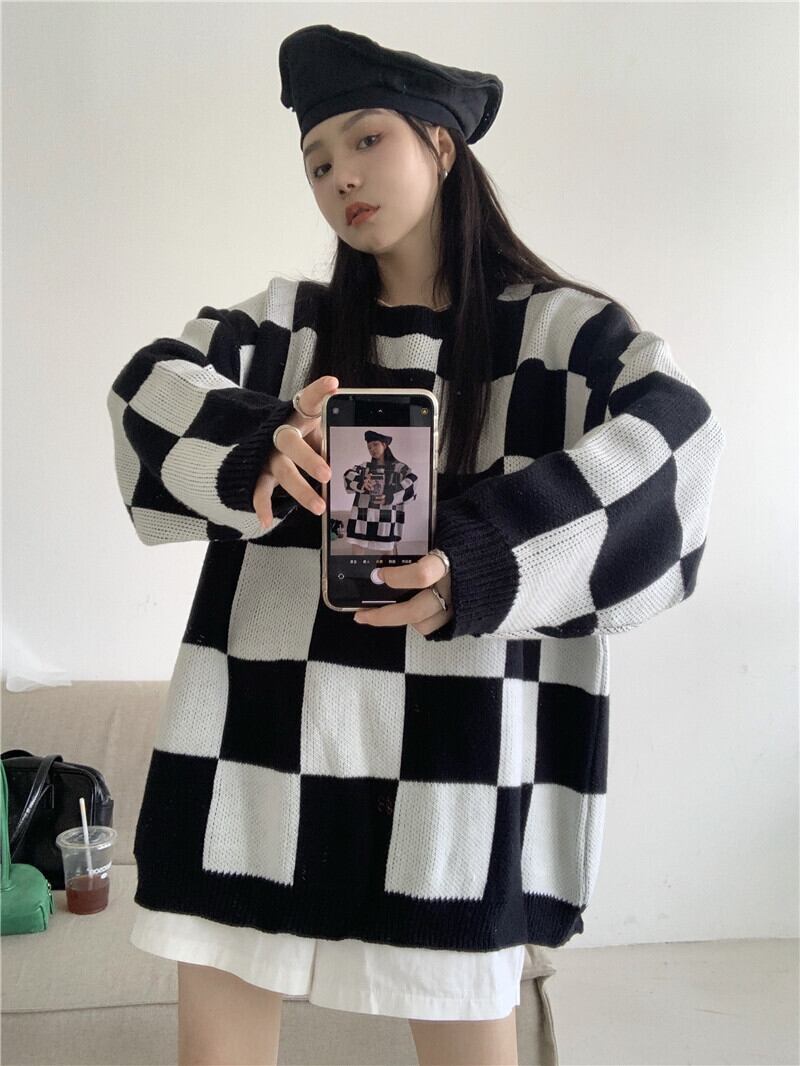 ブラックホワイトセーター オータムプルオーバー トップス ロング 秋物 モンロー68812035168