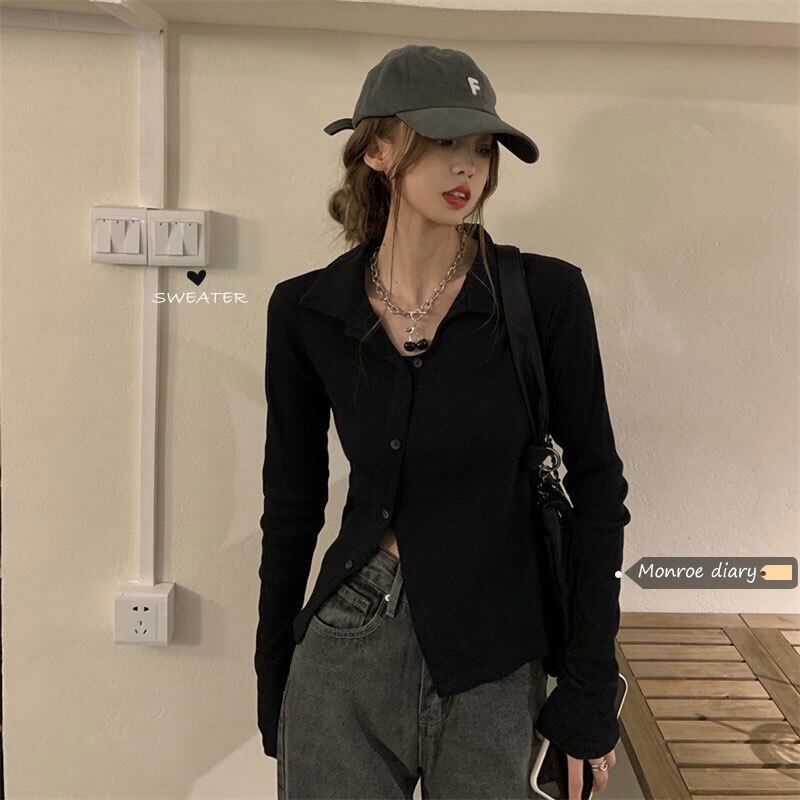 ブラックスリムTシャツ オータム薄手カラートップス ロング 秋物 モンロー80622038576