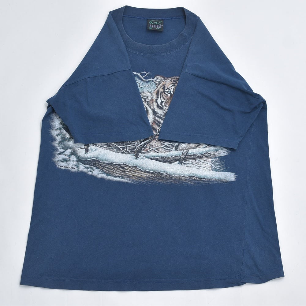 90s HABITAT トラ ホワイトタイガー 雪景色 プリント Tシャツ ネイビー
