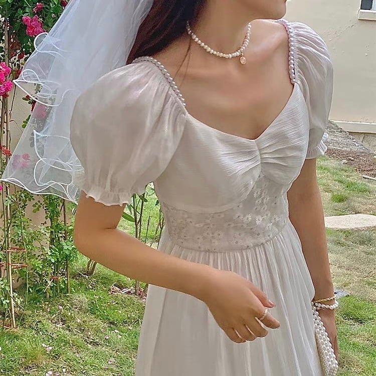 flower waist white long dress