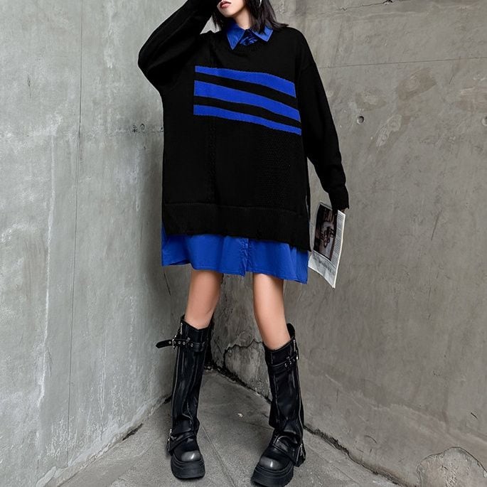CONTRAST SHIRT KNIT FAKE-2-PIECE MINI DESIGN DRESS 1color M-15259