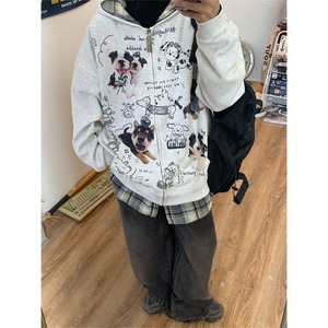 C2手描く犬柄写真プリントパーカー