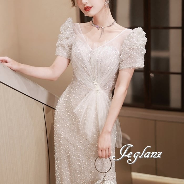 パーティ イブニングドレス 背中 編み上げ キラキラ ラメ 光沢感 ♪(M7943)ζ