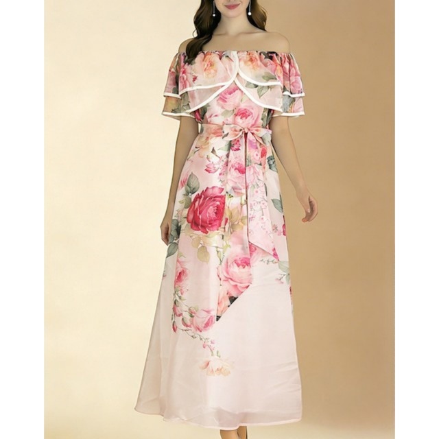 全3色 / フラワーリボンデザインオフショルダーワンピース L2260