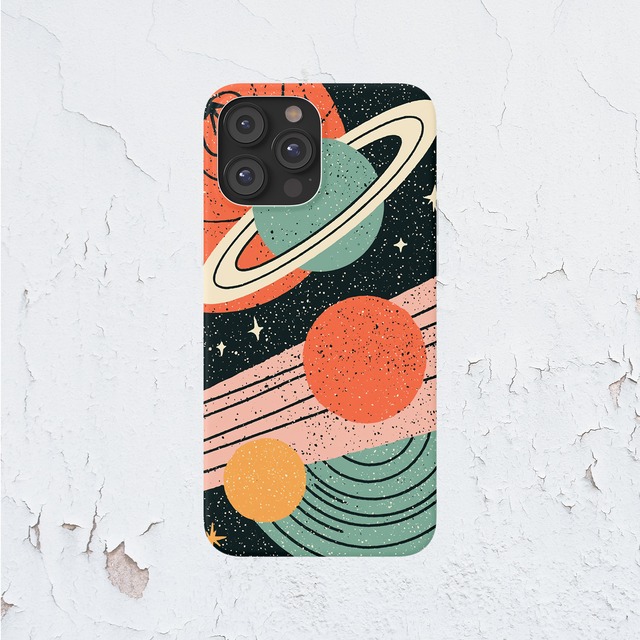 受注生産 iPhoneケース リング惑星のレトロ宇宙柄｜惑星モチーフ RFSP002C