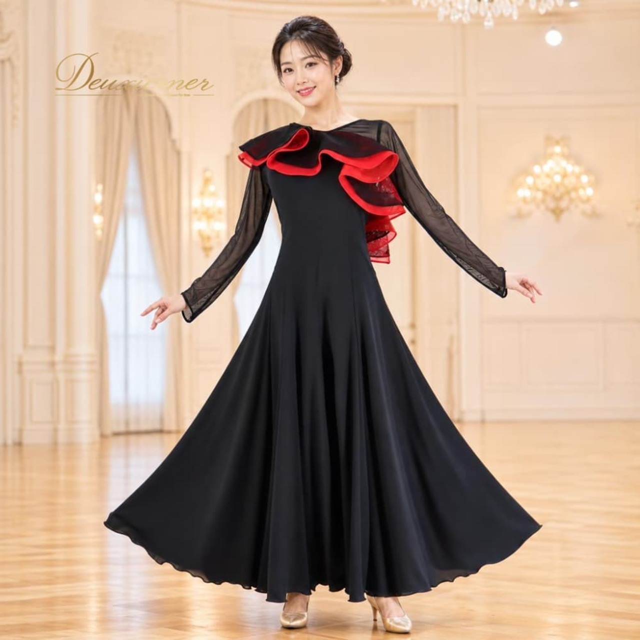 社交ダンス 衣装 Sanline サンリーヌ ドレス スタンダード ブラック系 レッド系 ワンピース 赤 黒 長袖 レース レッスンウェア バイカラー シンプル スタイリッシュ フォーマル パーティドレス ダンスパーティー ステージ衣装 舞台衣装 発表会 上品 気品 エレガント かわいい 大人っぽい 9R ワンピースドレス レースワンピース 長袖ドレス バイカラードレス パーティー衣装 フォーマルドレス ステージドレス 発表会ドレス レッスン用 社交ダンスレッスン 競技用 ブラック×レッド 日本製