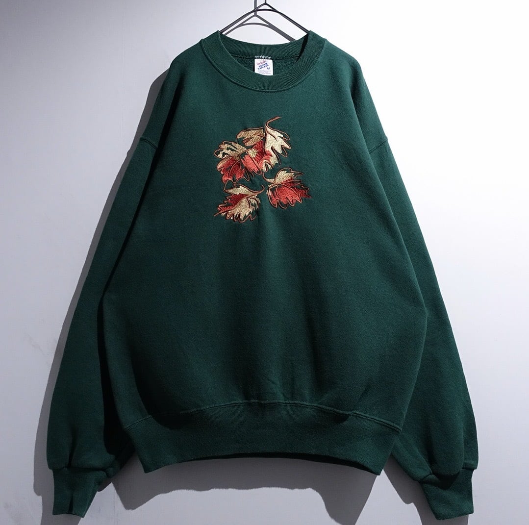 90s "JERZEES" Green Fallen Leaves Embroidered Desgin Sweat