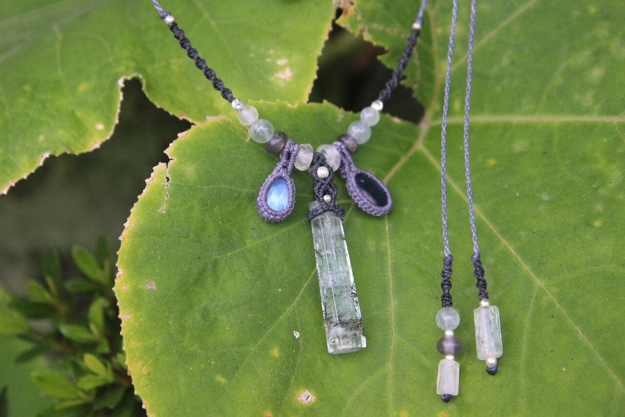 Aqua marine & Rainbow moonstone & Kyanite micro macrame necklace