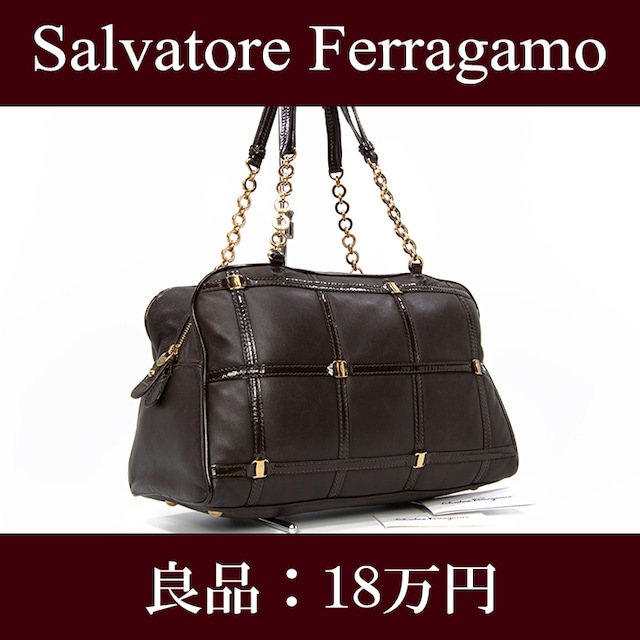 【限界価格・送料無料・良品】Ferragamo・フェラガモ・ショルダーバッグ(ヴァラ・人気・高級・レア・茶色・ブラウン・鞄・バック・E122)