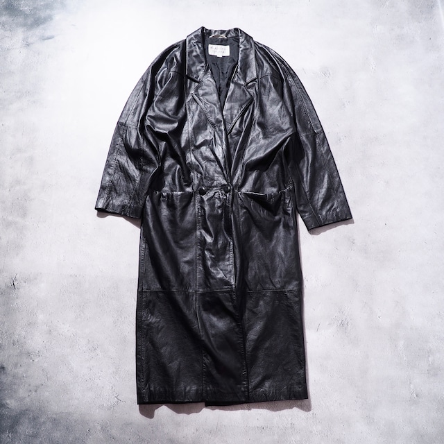 Black mode dolman sleeve vintage leather long coat