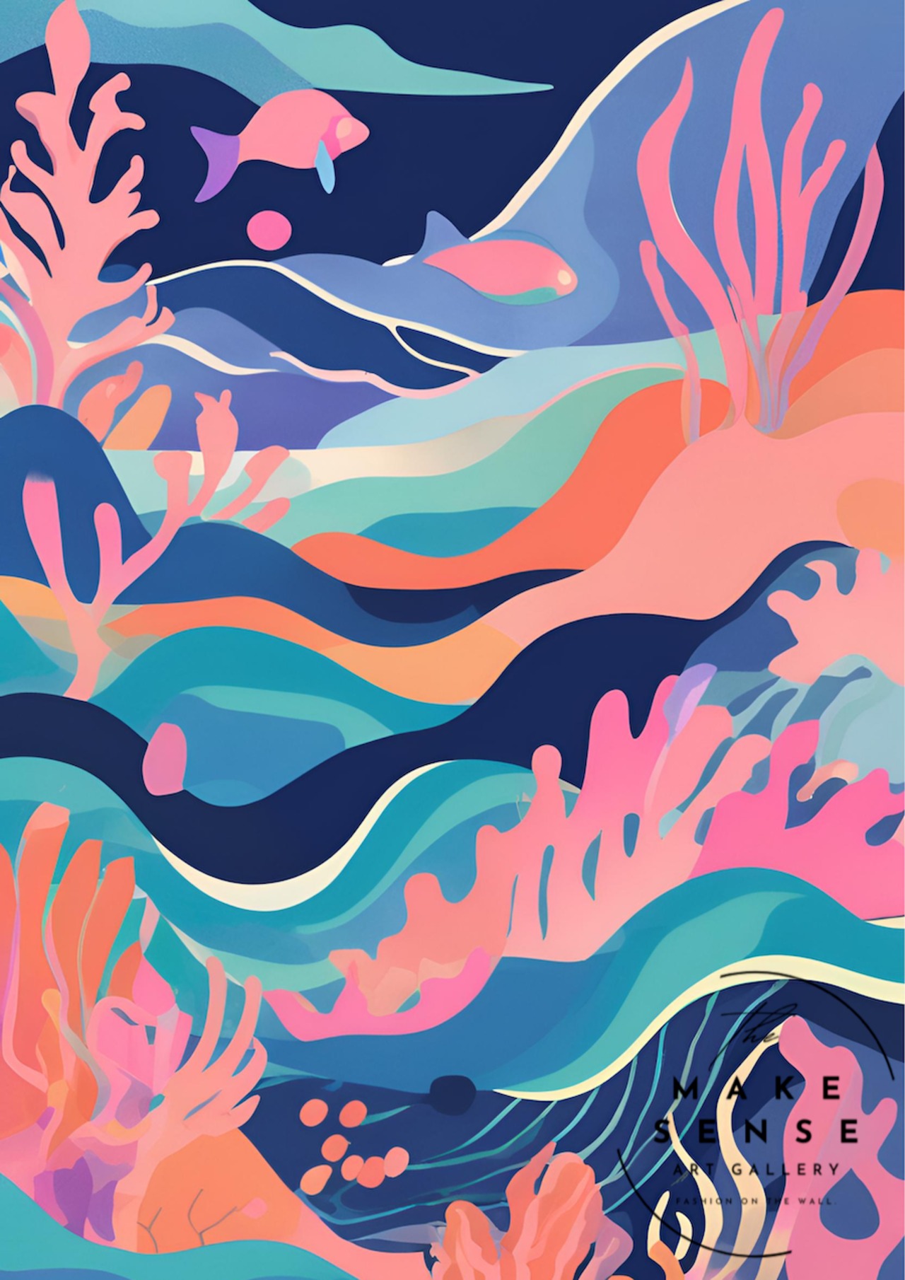 海の楽園｜カラフルに広がるポップアートの海景アートポスター｜明るく爽やかな空間をつくる抽象マリンデザインA3ポスター