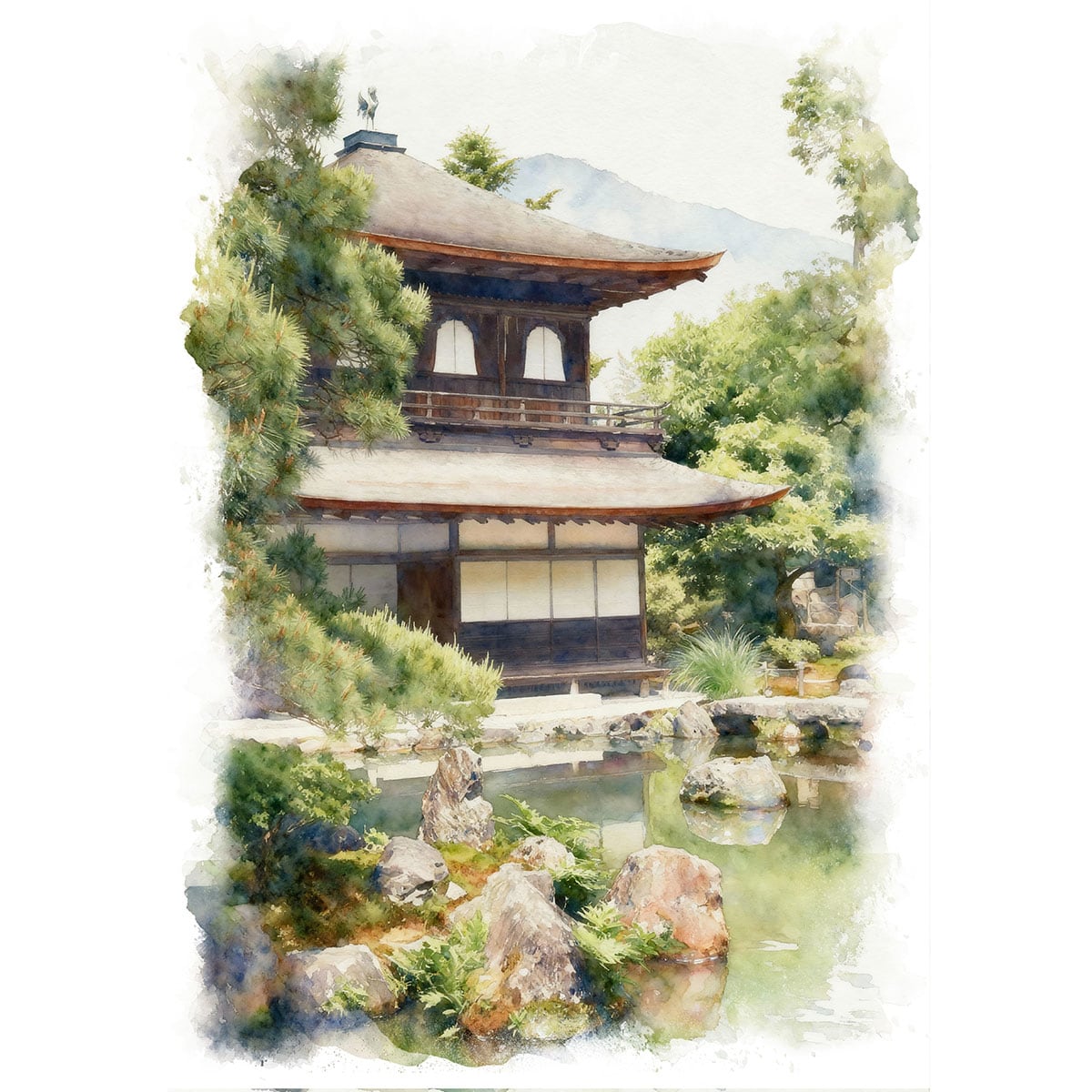 絵画 日本 京都府 銀閣寺 風景画 インテリアアート額付き 水彩画・油絵