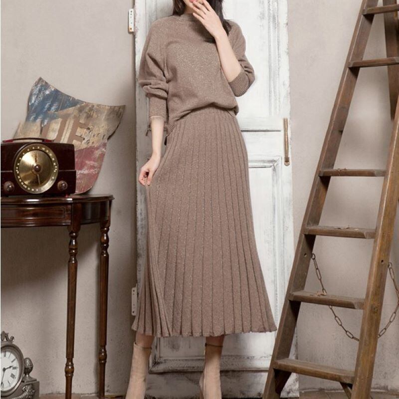 ニットセットアップ レディース ニット セットアップ スカート ニット セーター トップス レディース 長袖 バックスリット ニットスカート プリーツ スカート ロング プリーツロングスカート セットアップ レディース ニットアップ 秋冬 冬新作 ブラウン P8146 Kirari