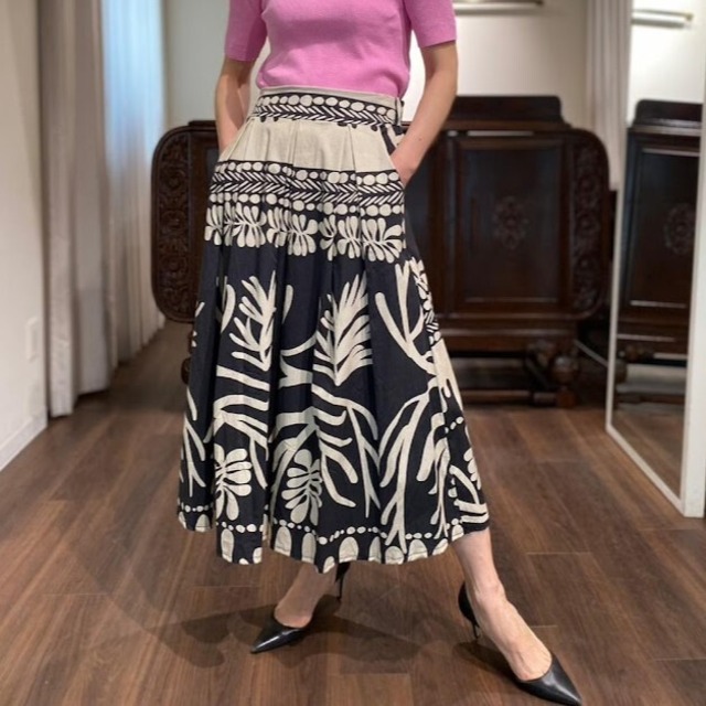 cotton print flare skirt black