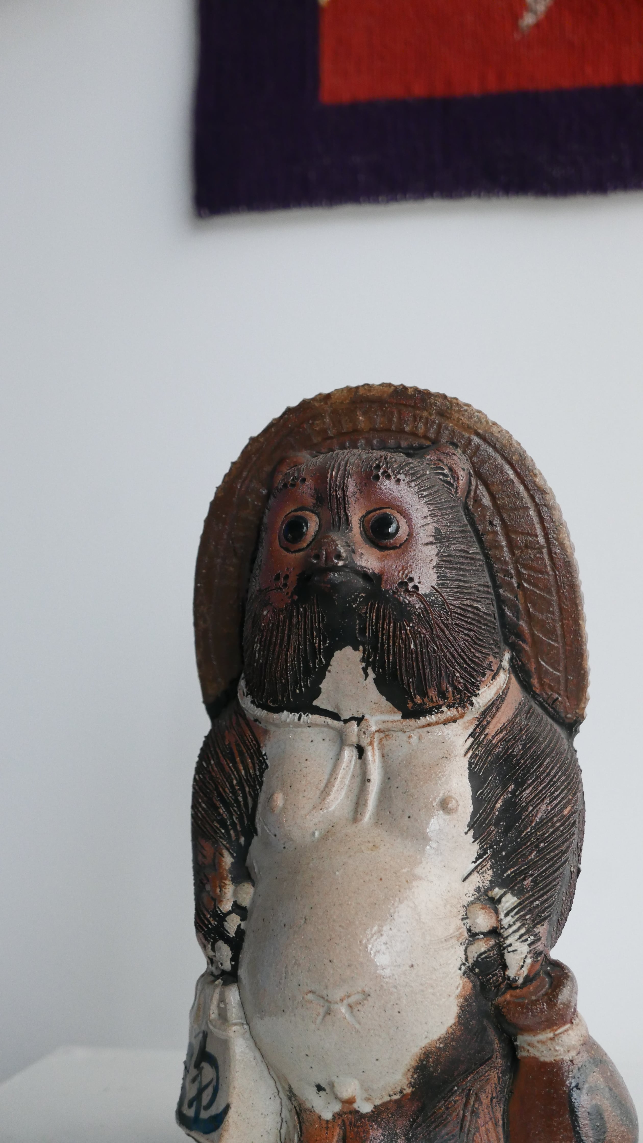 old japan , tanuki object , big eyes , terracotta × pink beige