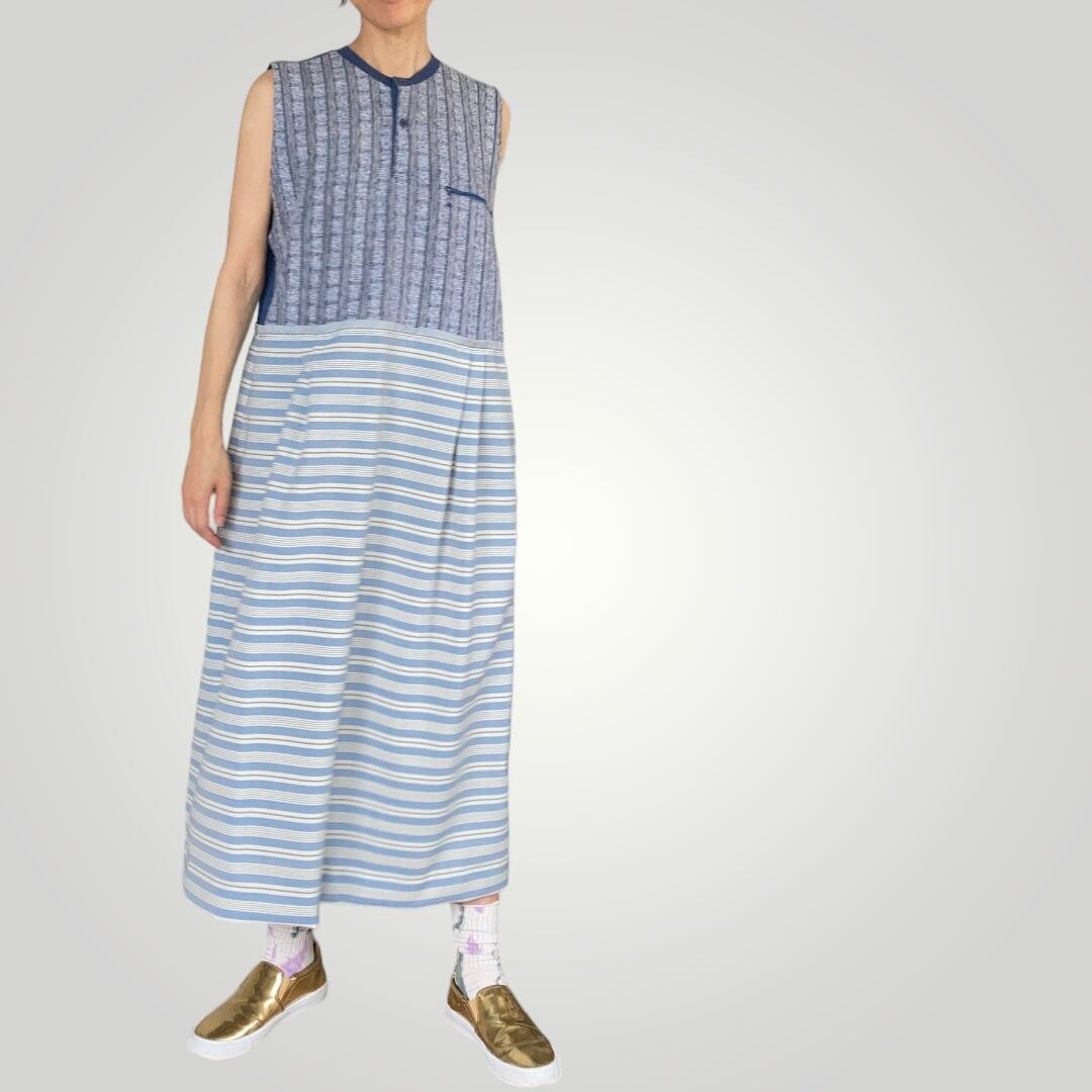 ZOZOTTE remake sleeveless one-piece/リメイクノースリーブワンピース/ブルーレース&ボーダー柄