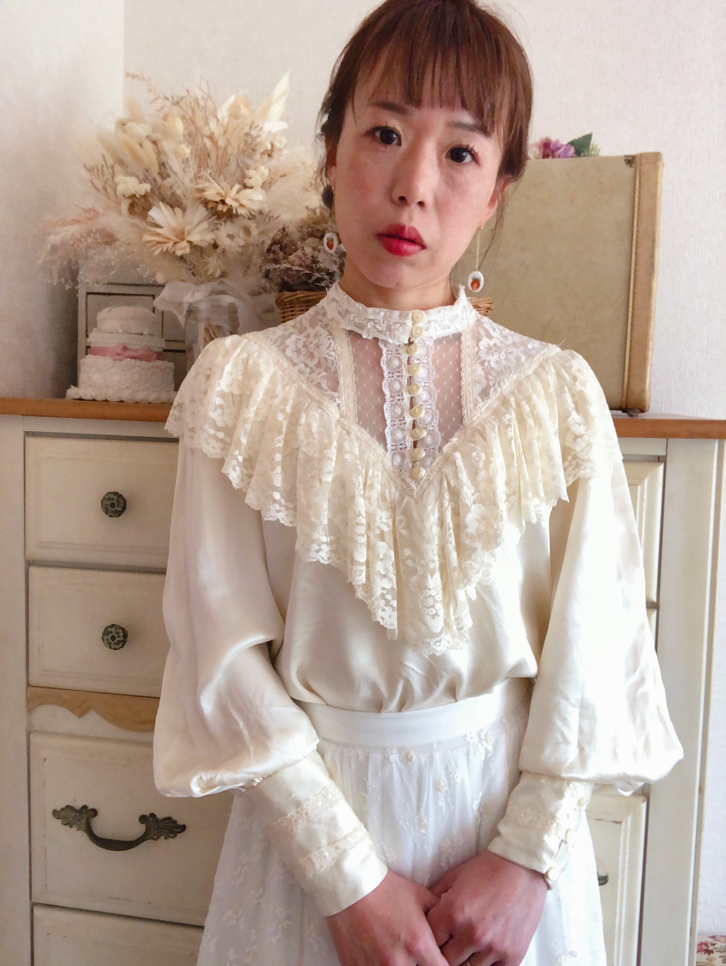 vintage gunne sax lace blouse レース サテン-