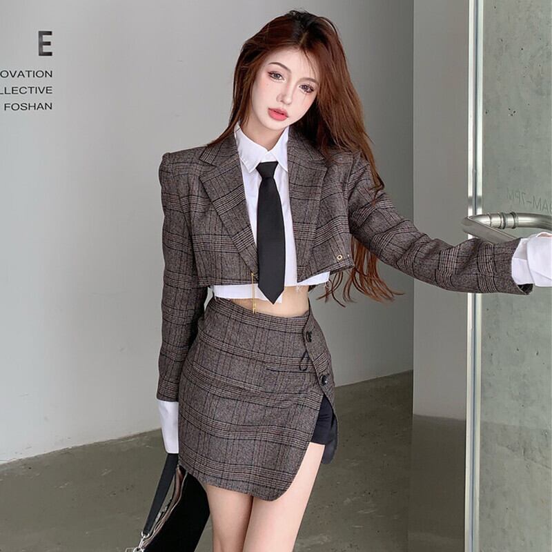 スタイルスタンダード格子柄ショートジャケット オータム薄手ルーズ ロング レトロ 秋物 ガールズファッション89510539862