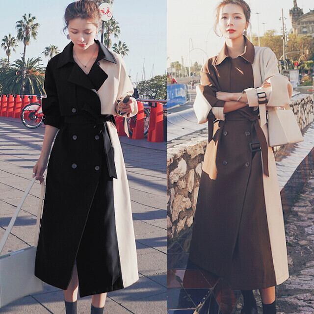 全2色 ブラック/コーヒー レディース アウター トレンチコート コントラストカラー バイカラー ロング丈 S/M/L/XL