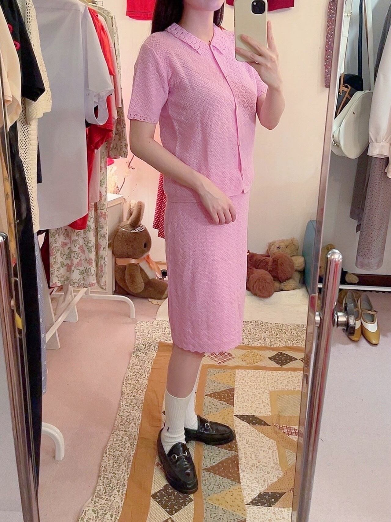 carnation pink hand knit set up