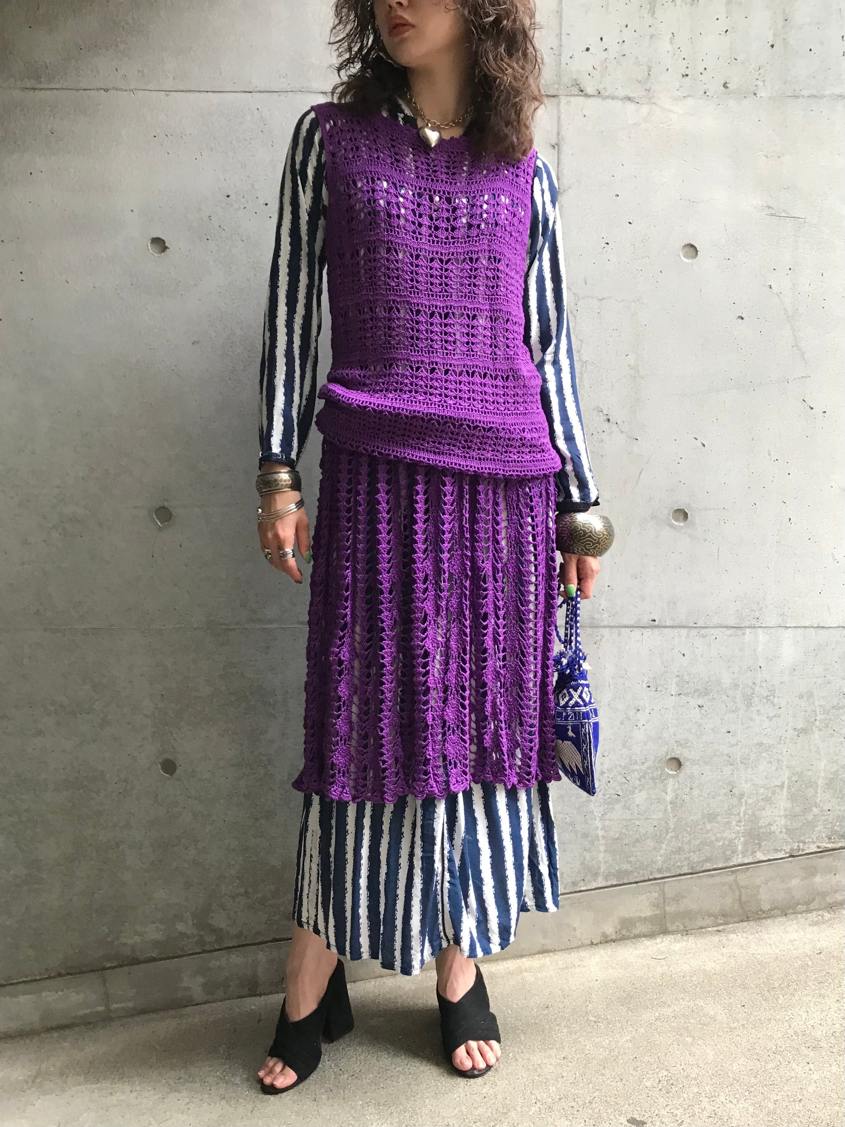 70s handmade purple crochet long dress ( ヴィンテージ ハンドメイド